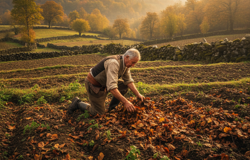 Hojas muertas y fertilidad del suelo | Tradición gallega y agricultura regenerativa| 2 Acolchado orgánico con hojas en un sistema de agricultura regenerativa
